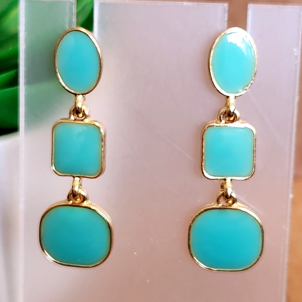 Turquoise Enamel Gold Tone Geometric Triple Drop Dangle Post Earrings 1.75"